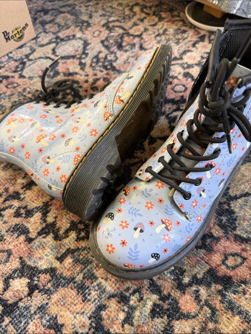 Dr. Martens Kids Light Blue Floral & Mushroom Combat Boots
